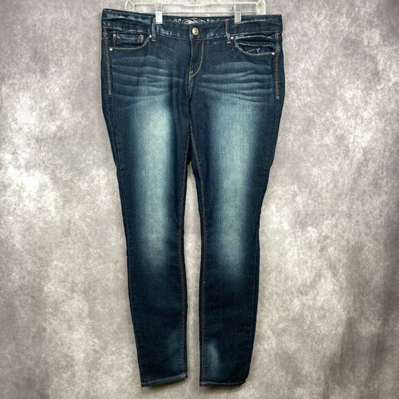 EXPRESS ZELDA Jean Legging Womens 12r Blue Whisker Slim Fit Ultra Low Rise - Picture 1 of 14